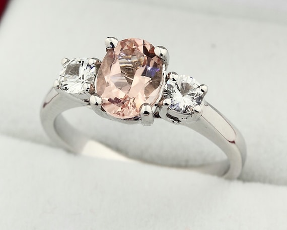 Natural Morganite Solid 14K White Gold white sapphire engagement Ring Gem759