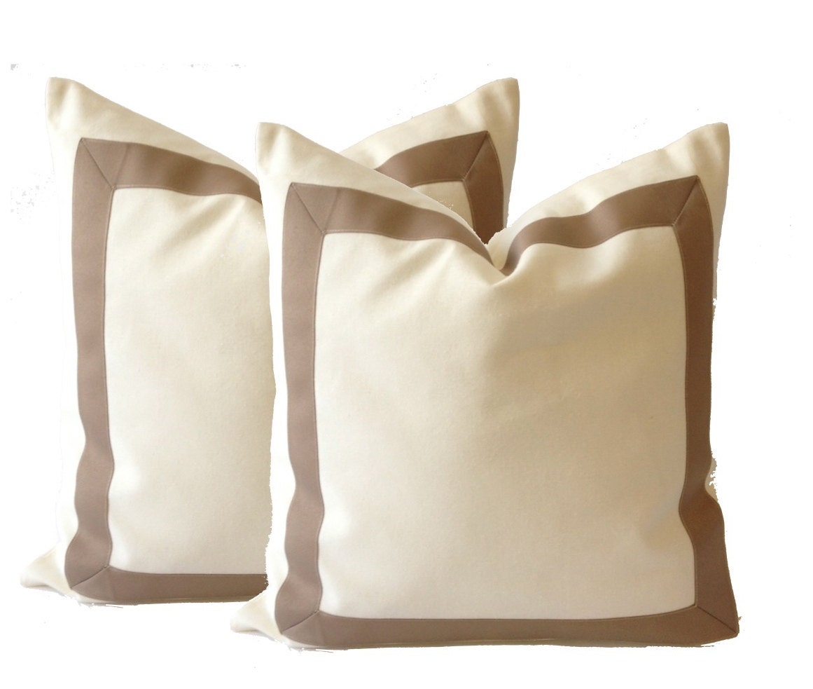 White Cotton Canvas Decorative Throw Pillow Cover with Taupe Grosgrain Ribbon Border - Cushion ...