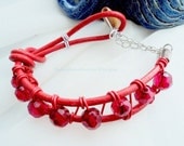 Men's wide leather Beadedcuff bracelet// Red/wrist cuff/ wristband/ wide leather jewelry