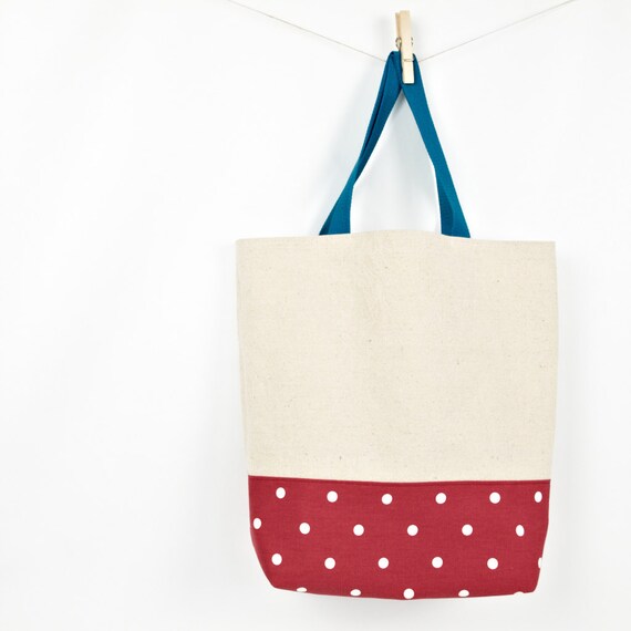 Reusable Shopping Bag Linen Cotton Tote Bag Polka Dot Red and Blue