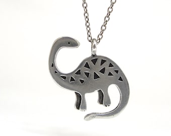 Apatosaurus Dinosaur Necklace with Geometric Pattern - Pewter Brontosaurus Pendant