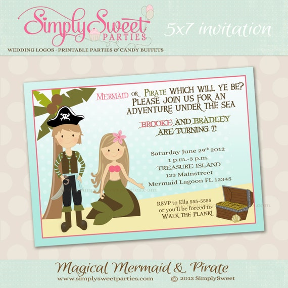 Mermaid and Pirate Birthday Party printable file for 5x7 invitation Il_570xn