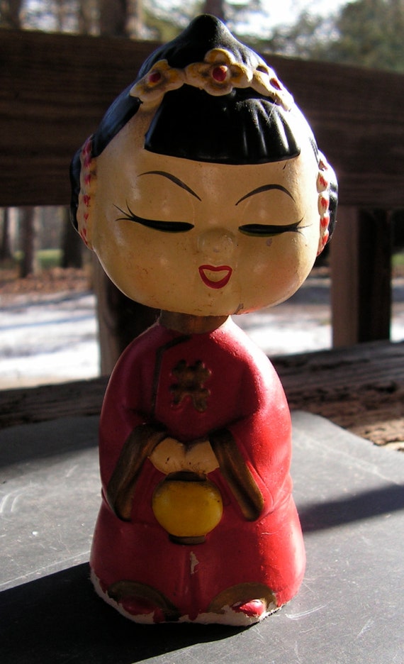 Late 40s Asian Girl Bobble Head Nodder Japan Clay Composition
