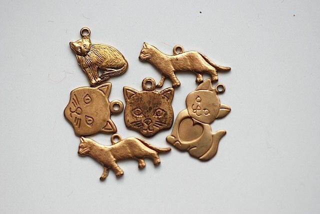 Lot Of Seven Gold Metal Cat Charms Miniature Cat By Thenewtonlabel