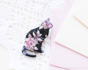 Black cat brooch with pink flower - elegant party jewelry