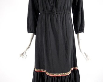 70s Black Boho Ethnic Dress - sm, med