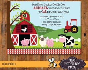 Farm Animal Birthday Invitation - Barnyard Birthday Invitation - Oink, Moo, Cock-A-Doodle-Doo - Item 0139