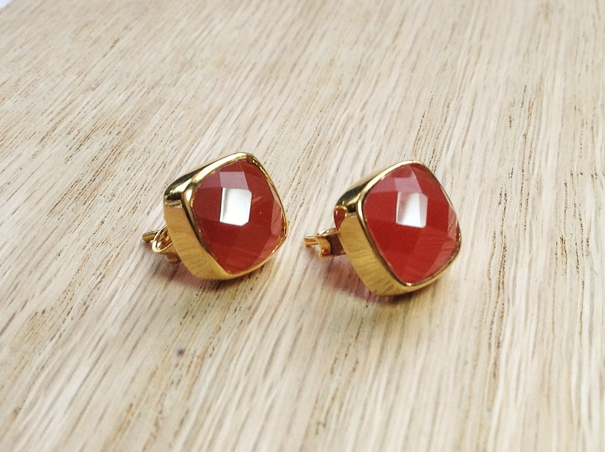 Carnelian Stud Earrings Faceted Bezel Gold Faceted Stone