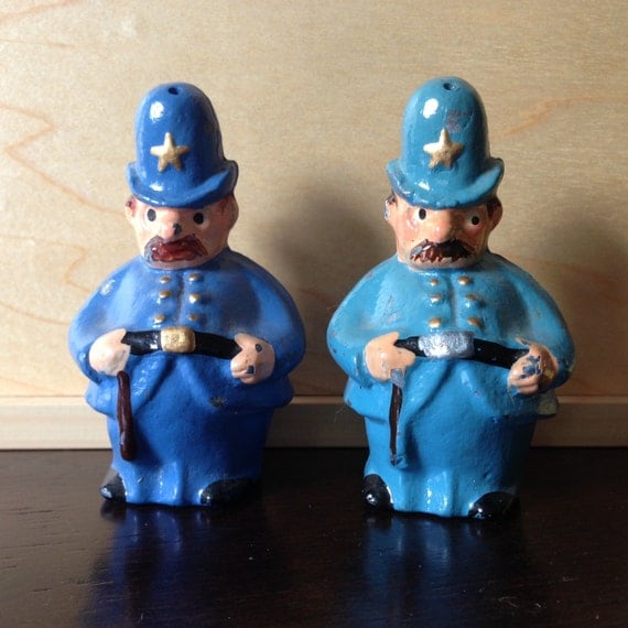 Vintage Cast Iron Police Officer Figures Salt and Pepper