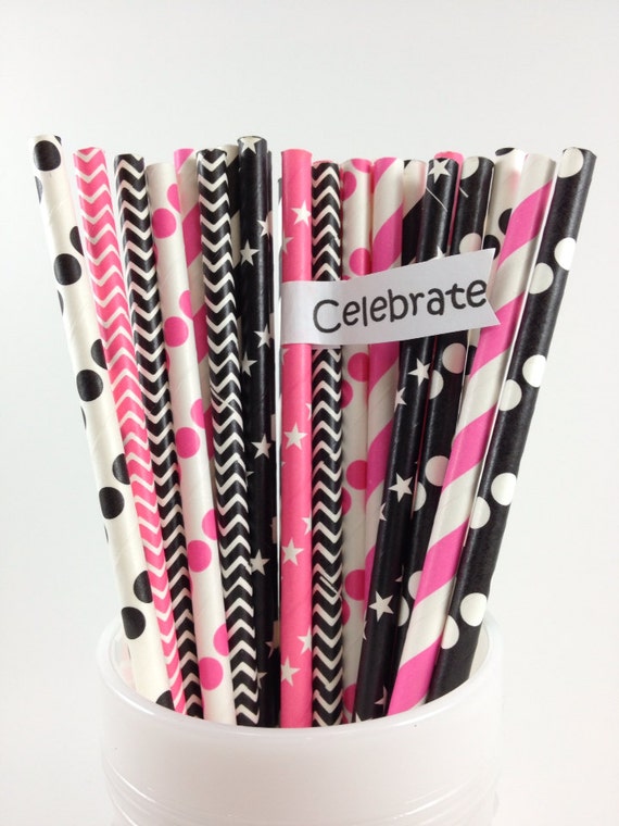 25 Pink and Black Mix Paper Straws, Minnie Mouse, Baby Girl, Girl's Birthday, Rock Star, Kid's birthday Il_570xn