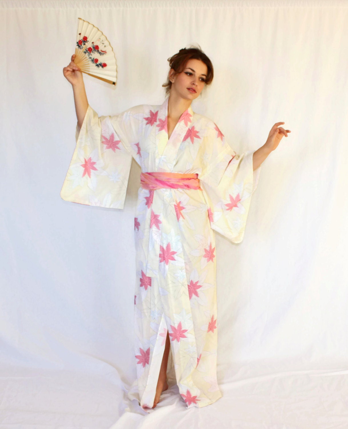 Vintage Kimono. Pastel Cream Coral. Handmade Kimono Robe.