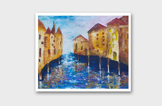 Painting print City on the water / Modern buildings art for home decor 12x16 / Cityscape Aqua River Venice painting / Brown blue