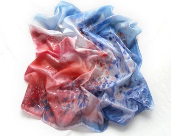 Blue Red Scarf. Square silk Scarf. Hand Painted Shawl. Silver Butterflies. Magic Tree Shawl. Gift for Her. 35x35 in. (90x90cm). Ready2Ship