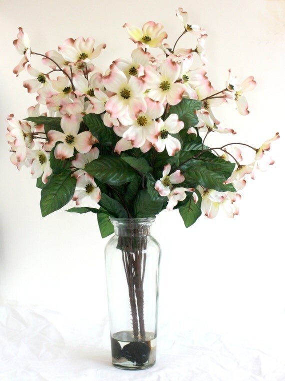 Dogwood Silk Flowers in a Glass Vase with Stones and Silicon