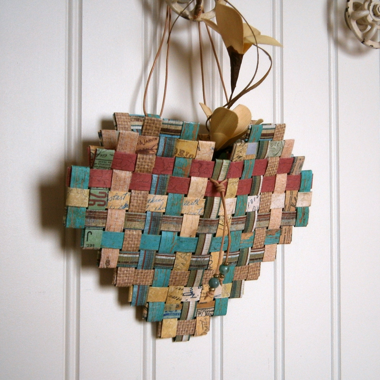 Woven Paper Heart Basket 7x6 Recycled Paper in Shades of