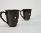 Black Coffee Mugs - Set of 2 Golden 12K Heart Mugs - Wedding gift -  Coffee Lovers - Ceramics Pottery Mug.
