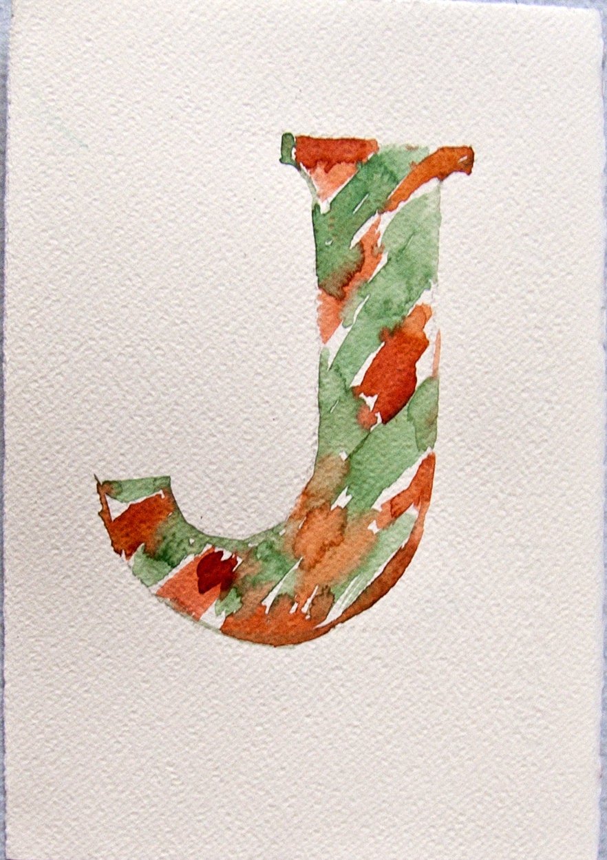 Watercolor painting of letter J. Art painting original. Minty