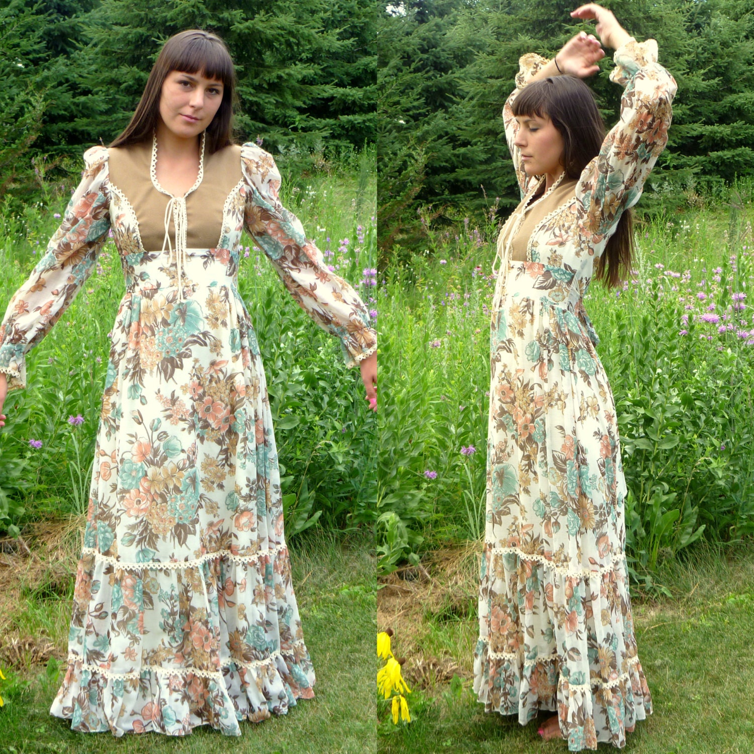 Vintage 70s Gunne Sax Floral Peasant Dress Size 4