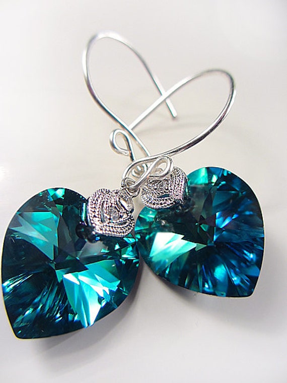 Swarovski Teal Blue Heart Earrings Crystal Heart by NataliaKh