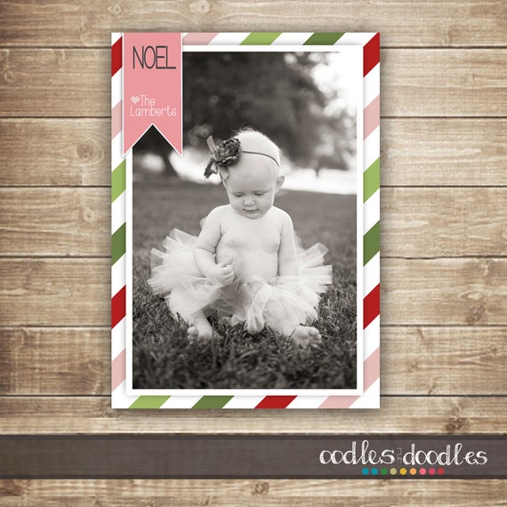 Christmas Card, Noel, Christmas Photo Card, Holiday Card, Stripes, Red, Pink &amp; Green, Printable