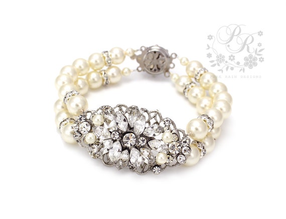 Wedding Bracelet Swarovski Pearls & Rhinestone by PureRainDesigns
