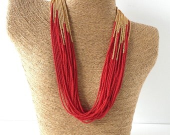 Red and gold necklace, red statement necklace,red necklace,gift idea,statement necklace,boho,multistrand,beaded necklace,seed bead necklace