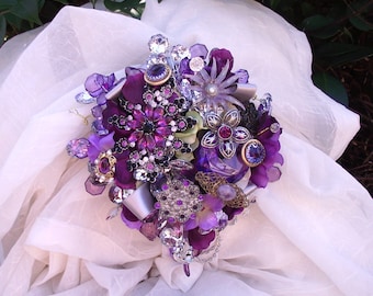 Custom Order purple brooch bouquet, plum cascade wedding bouquet, vintage purple jewelry bouquet, cascade wedding bouquet, florist made,