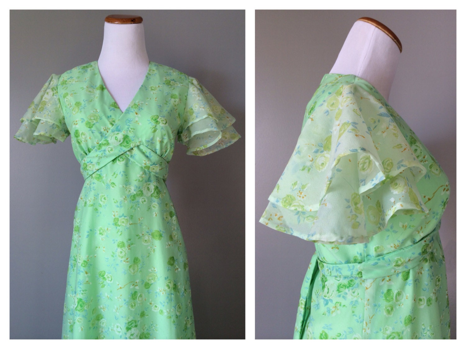 Vintage Mint Green Maxi Dress Bright Spring Floral