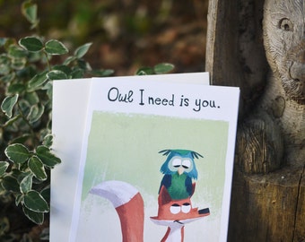 Owl Card , Fox Card, I Love You Card, Owl Art , Fox Art, Childrens Art