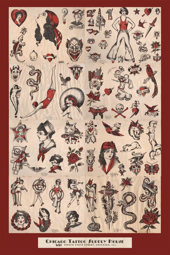 Items similar to Vintage Tattoo Flash Ephemera Advertising Art Poster