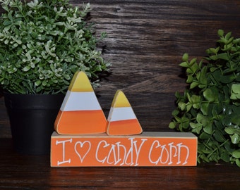 Candy Corn Halloween Decor, Shelf Sitter, I Love Candy Corn Mantle Decoration, Primitive Halloween Decorations, Candy Corn Block Set