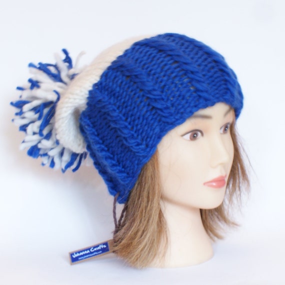 Irish handknit blue and white team hat slouchy hats by Johannahats