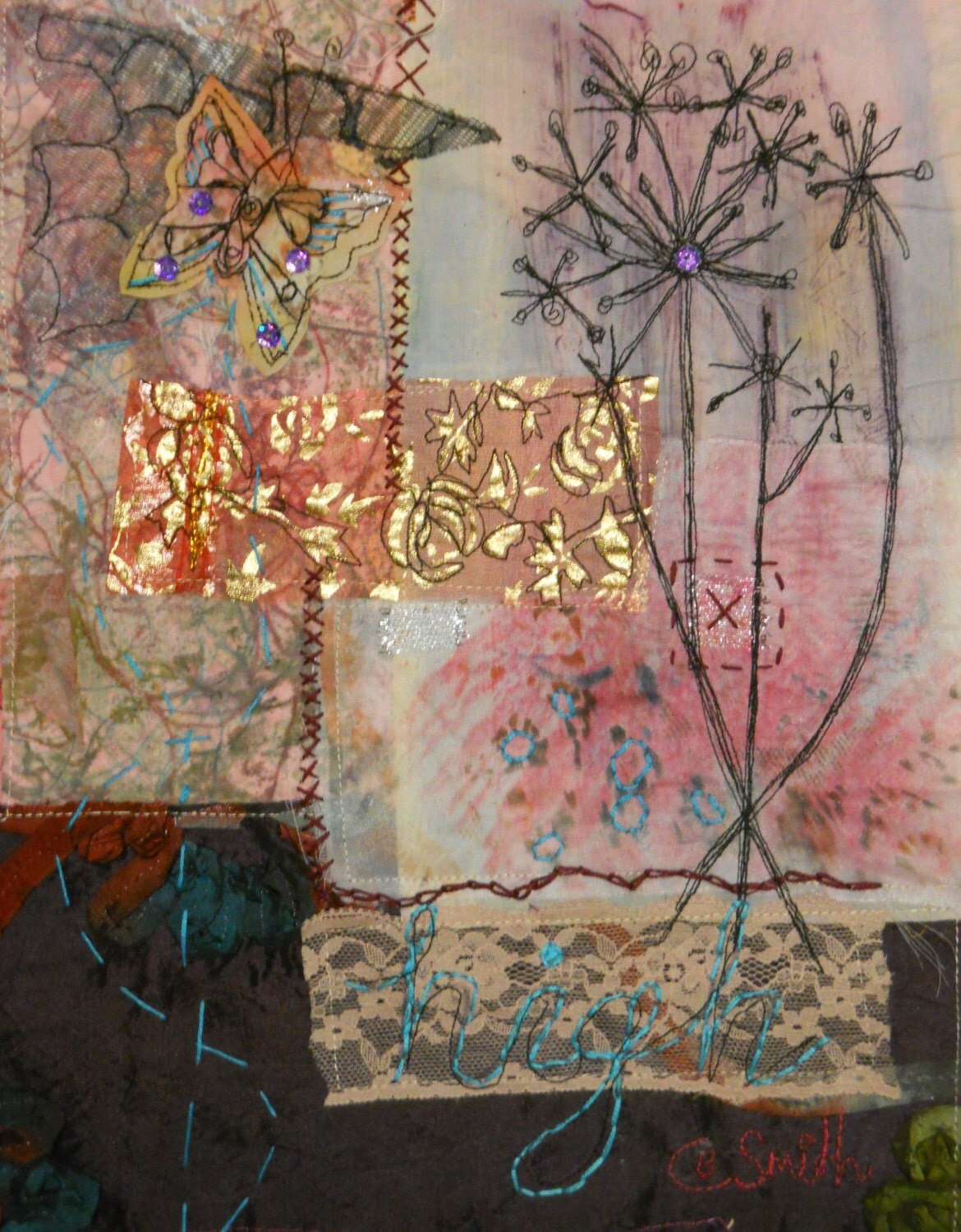 Fabric Butterfly mixed media Collage entitled 'High'