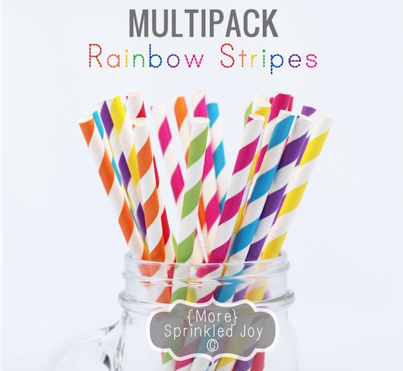 RAINBOW STRIPES Paper Straws, Multipack, Blue, Red, Orange, Yellow, Green, Purple, Pink, 25 Straws, Birthdays, My LIttle Pony