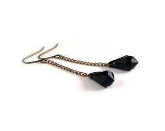 Minimal Swarovski Crystal Chain Earrings - Minimal, Minimalist, Simple, Jet Black, Gold, Brass, Bronze, Dangle Earrings, Teardrop, Goth