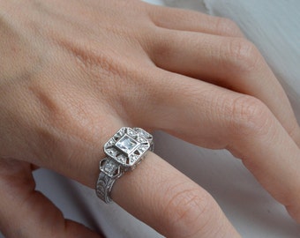 Silver Art Deco Ring - Antique Filigree Ring - Princess Cut Engagement Ring - Silver Promise Ring - Stunning Silver Ring