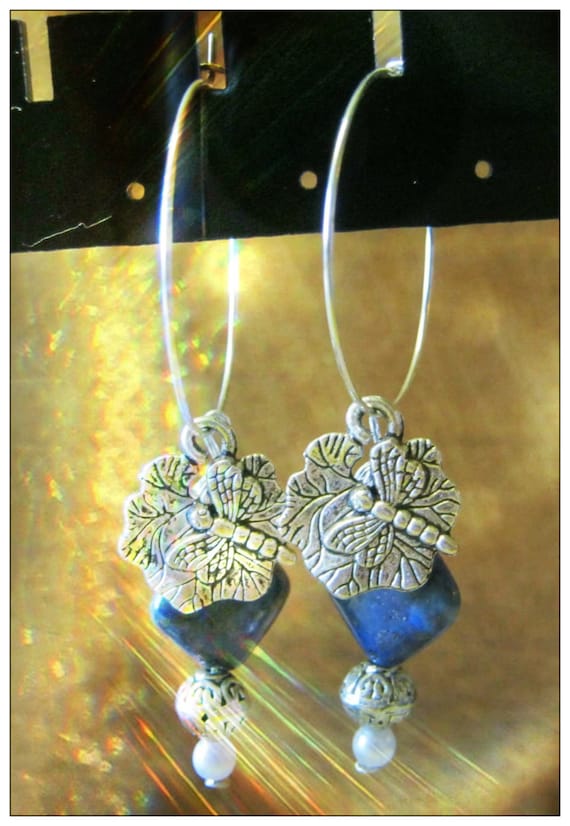 Handmade Silver Hoop Earrings with Lapis Lazuli, White Pearl & Dragonfly by IreneDesign2011