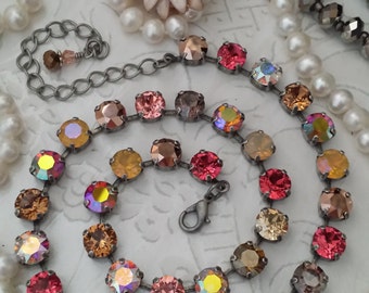 Sweet Summer Glow: 8mm Swarovski Necklace. Set in Antique Silver. Lt. Rose, Indian Pink, Rose Gold, Golden Shadow, Sand Opal