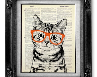 DECORATIVE ART, Cat Art Wall Hanging, CAT Print, Cat Poster Art Print, Book Page Art, Nerdy Poster, Cool Cat Artwork, Tabby Cat Nerd Glasses