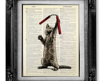 CAT Art Print, Cat Painting, DICTIONARY Art Print, Dictionary Paper, Cat Wall Art Cat Drawing Cat POSTER Cat Artwork, Cool Kung Fu Bruce Cat