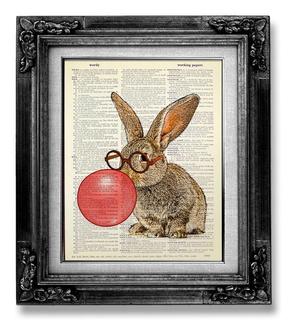 Nerdy Bunny Art Print, DICTIONARY ART PRINT, Rabbit Print, Bunny Illustration, Rabbit Painting Bunny Wall Art, Rabbit Drawing Bunny Poster