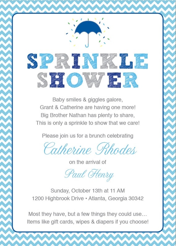 Blue Baby Sprinkle Shower Invitation / Blue Grey Girl Chevron