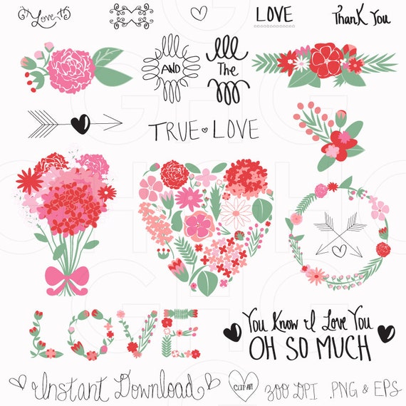 Items similar to Valentine's Day Clip Art, Heart Clip Art, Flower Clip ...