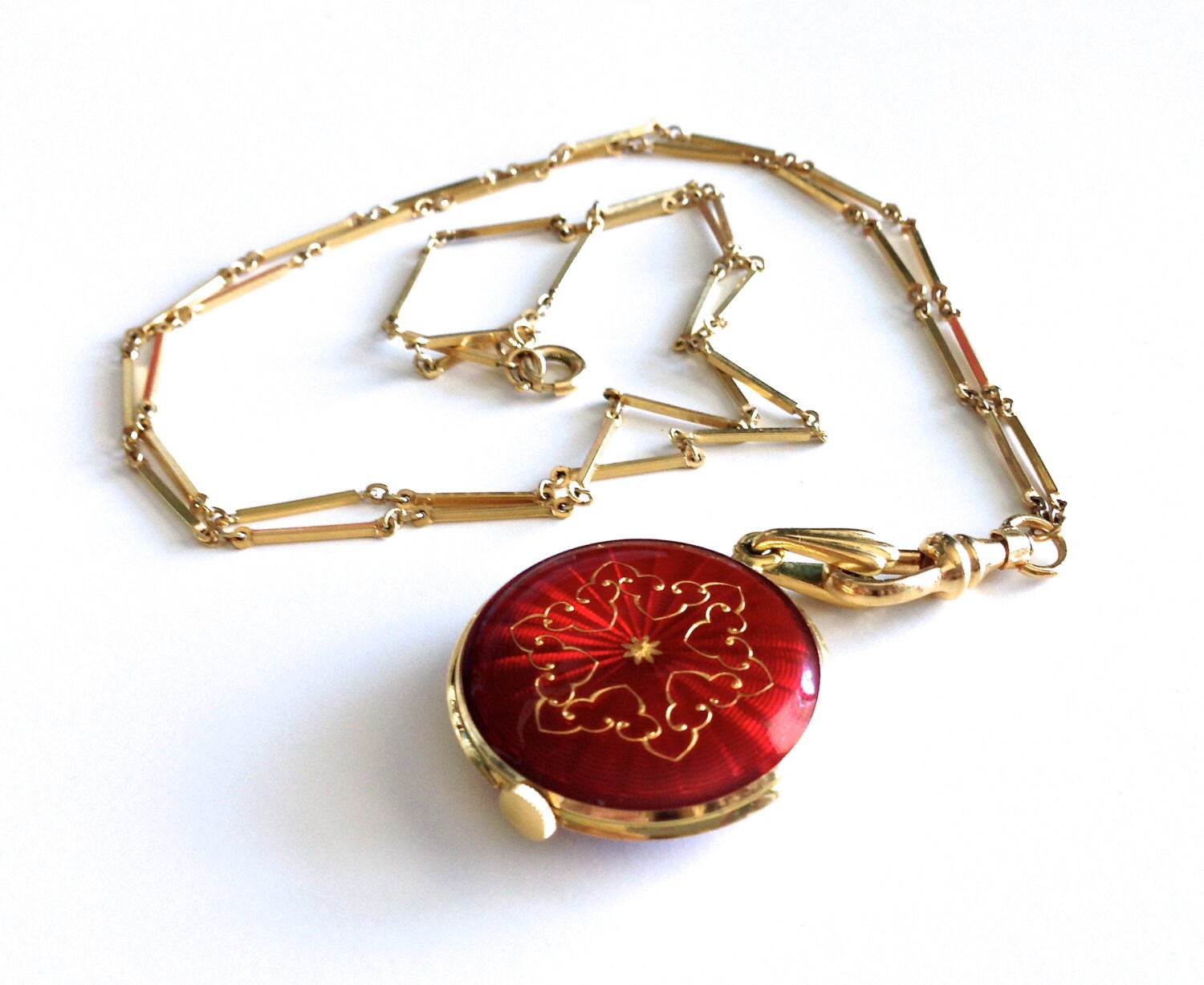 Vintage Bucherer Swiss Red Enamel Long Pendant Watch Necklace