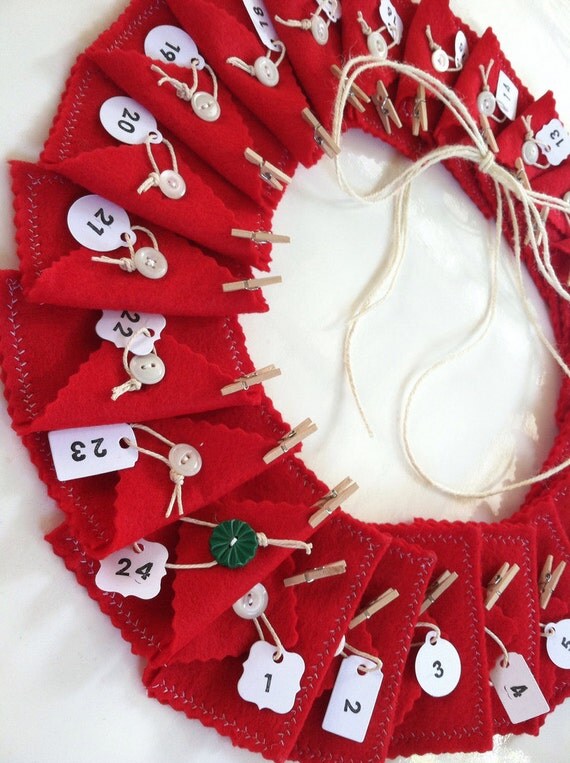 Advent calendar Christmas holiday countdown // 12 or 24 reusable felt envelopes vintage buttons, clothespins numbered tags Il_570xn