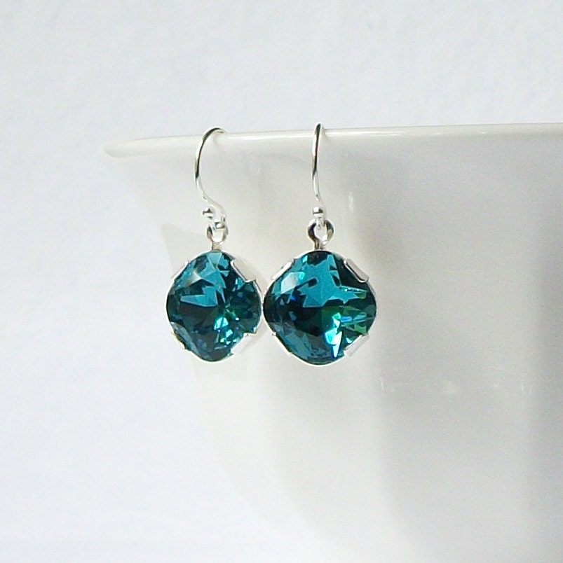 Teal Crystal Silver Drop Earrings