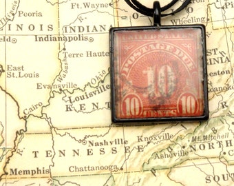 Vintage US Postage Due Canceled Postage Stamp Pendant Necklace Key Ring