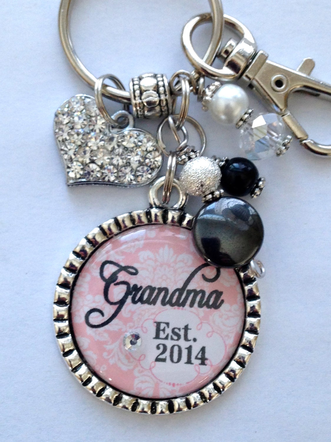 Personalized grandma Keychain pink white black damask