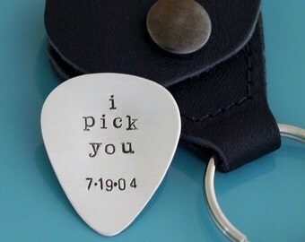Hand Stamped Guitar Pick, Engraved Guitar Pick With Leather Case Key Chain, Sterling Silver Fathers Day Gift