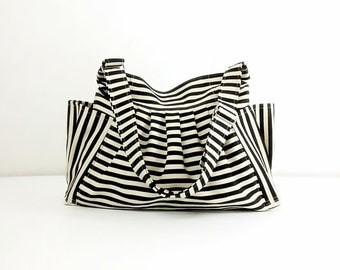 Striped Denim bag Cotton bag Canvas Bag Diaper bag Shoulder bag Hobo bag Tote bag Messenger bag Purse Cream&Black Jamie